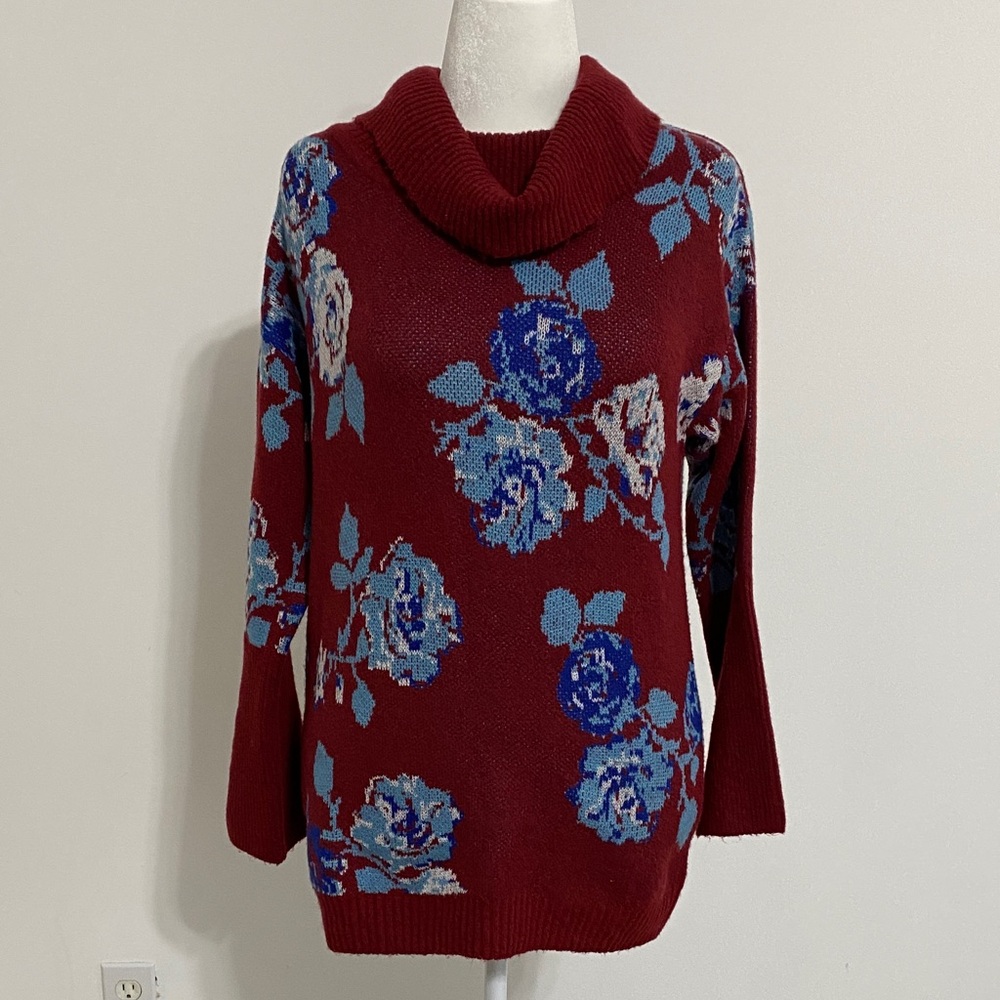 NWT The Pioneer Woman Floral Cowl Neck Sweater - Burgundy and Blue